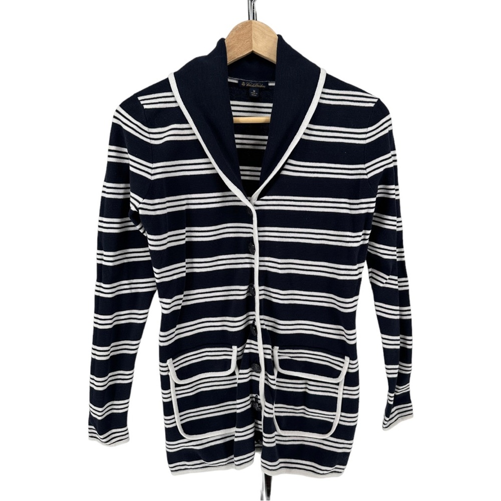 Brooks Brothers Navy White Striped Button Front Cardigan Sweater Pockets size M